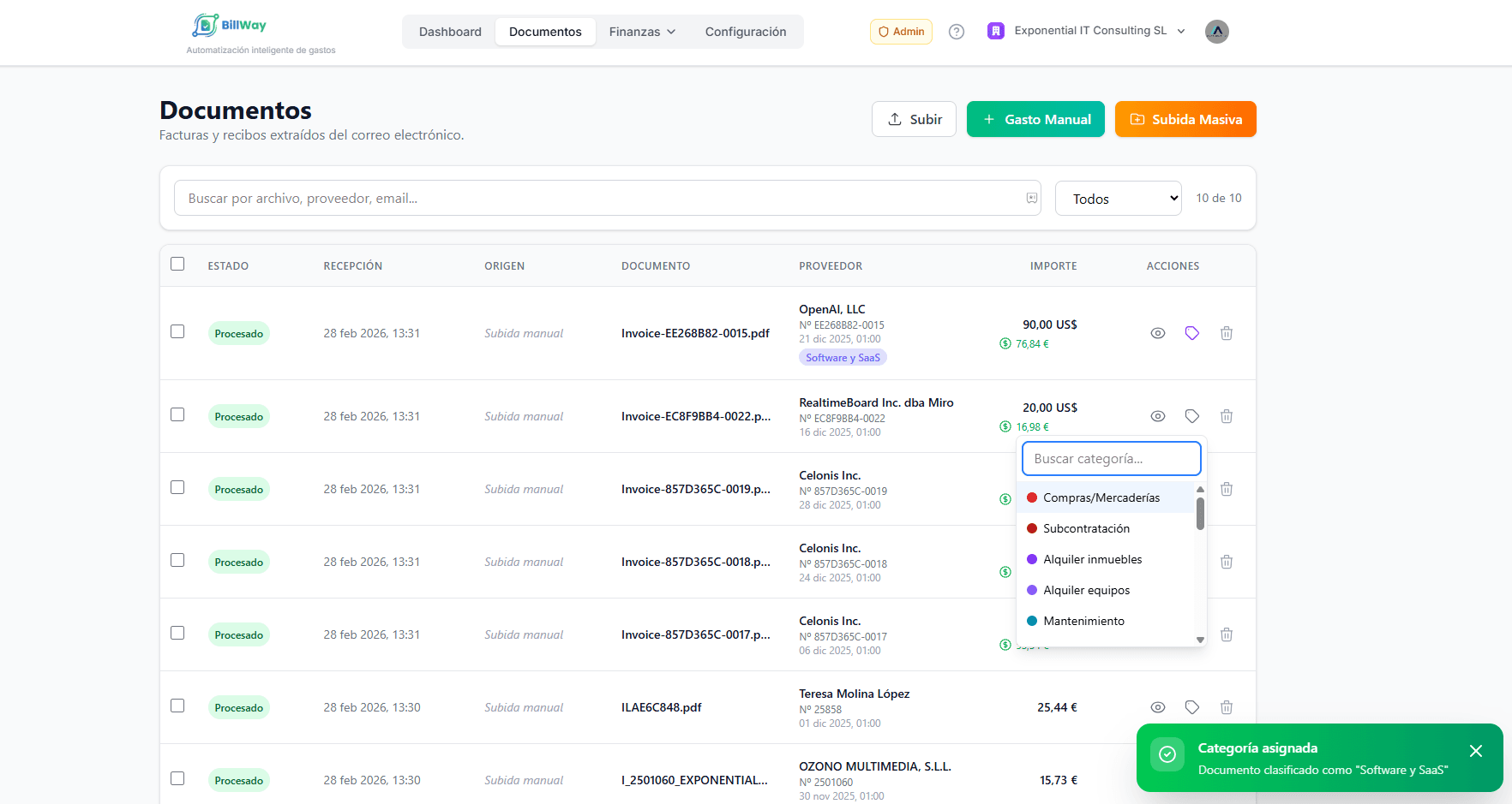 Lista de documentos procesados en BillWay con estado, proveedor e importe
